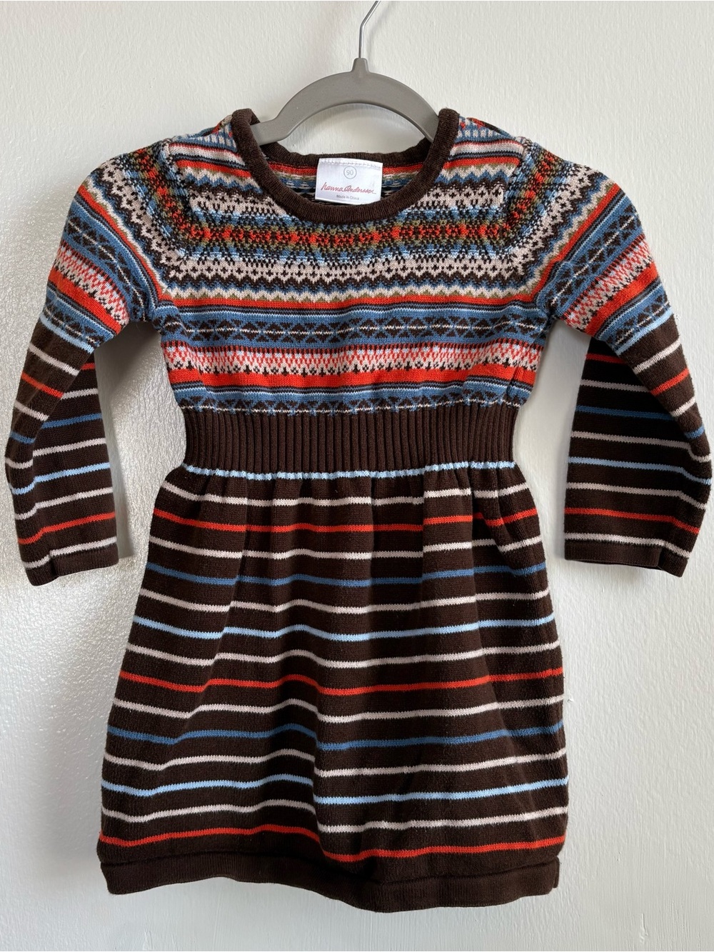 Hanna Andersson Girls 2T Brown Fair Isle Sweater Dress Long Sleeve Cotton Knit